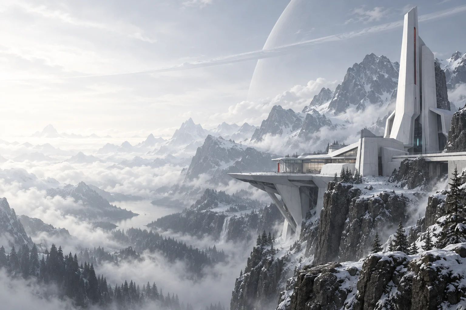White angular research architecture overlooking a misty mountain valley beneath an orbital arc.